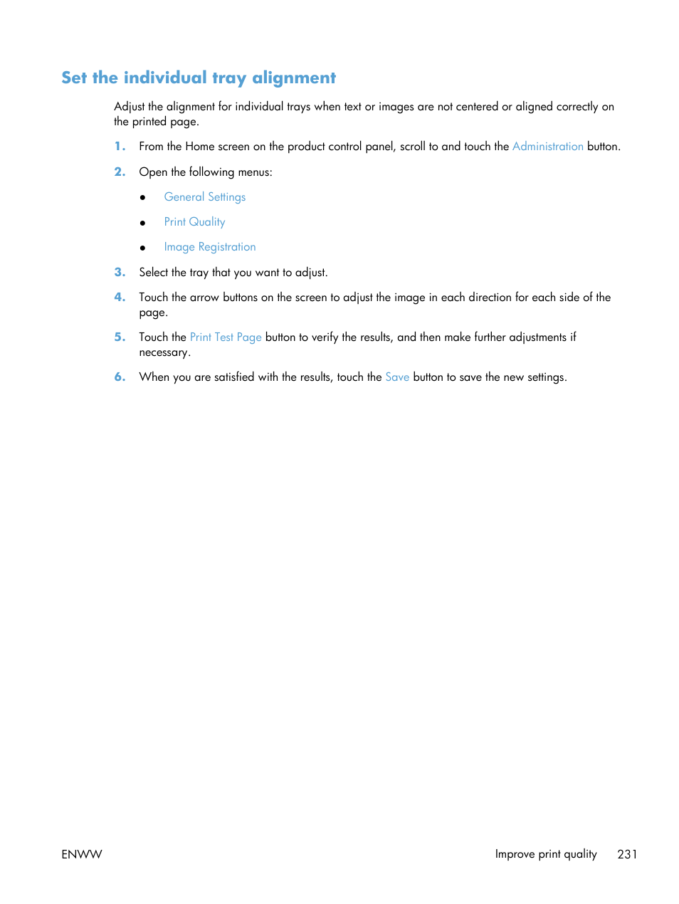 Set the individual tray alignment | HP LaserJet Enterprise 500 MFP M525 User Manual | Page 245 / 294