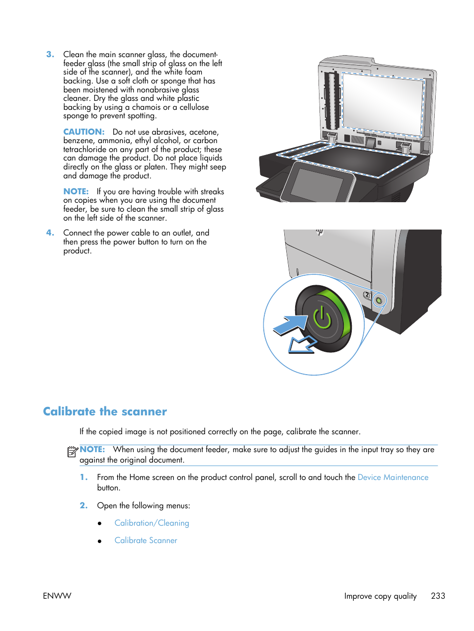 Calibrate the scanner | HP LaserJet Enterprise 500 MFP M525 User Manual | Page 247 / 294