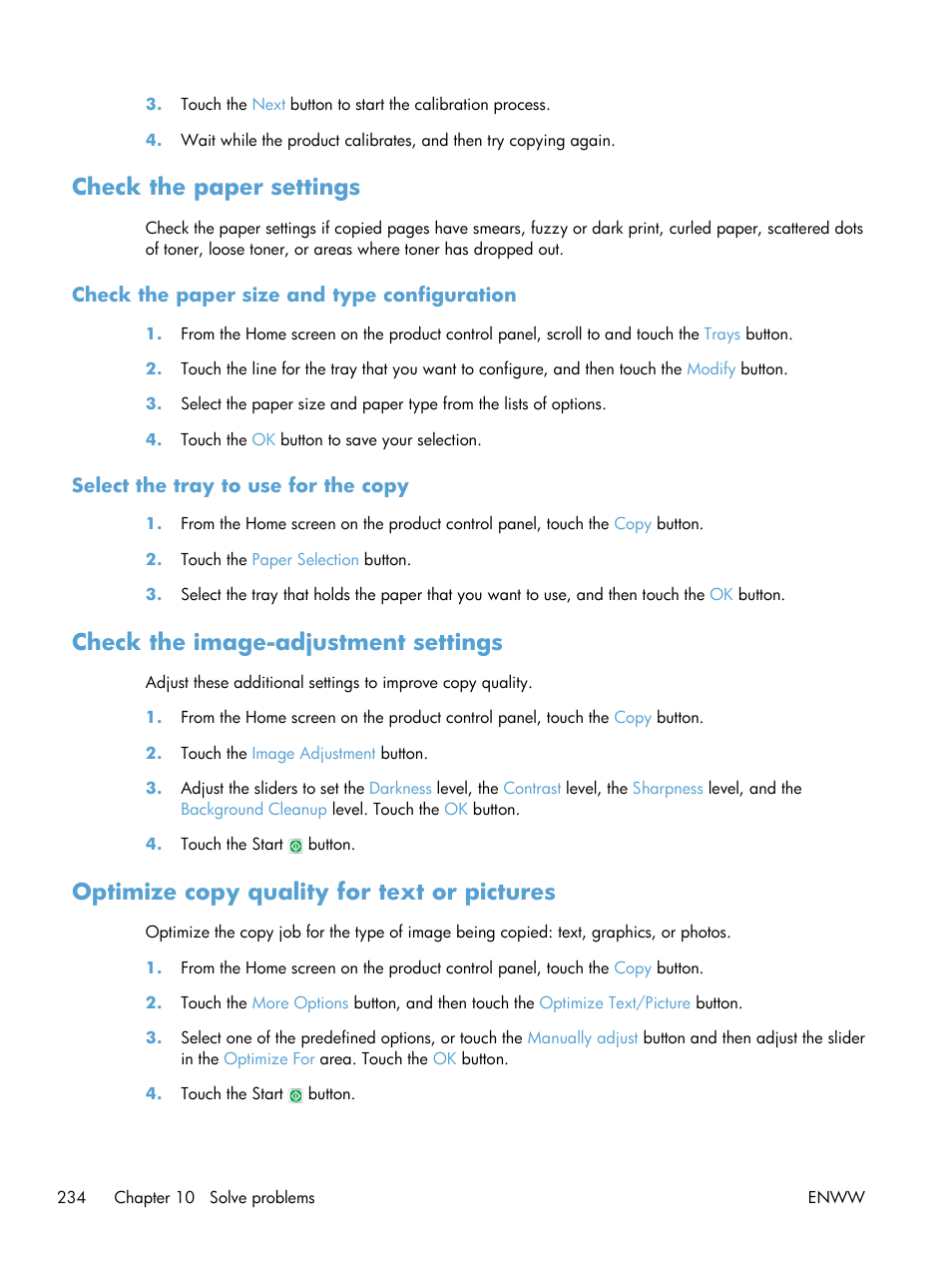 Check the paper settings, Check the paper size and type configuration, Select the tray to use for the copy | Check the image-adjustment settings, Optimize copy quality for text or pictures | HP LaserJet Enterprise 500 MFP M525 User Manual | Page 248 / 294