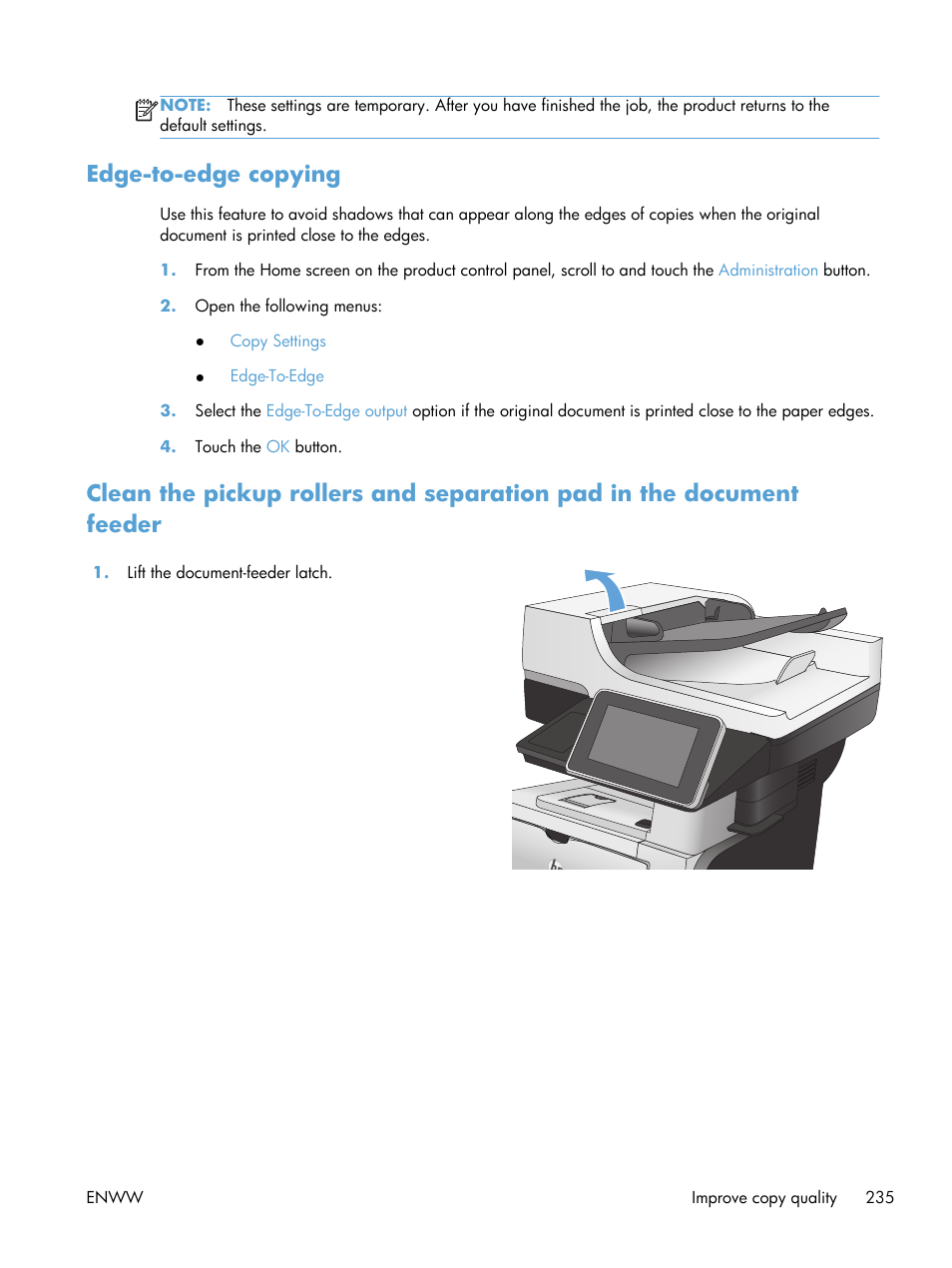 Edge-to-edge copying | HP LaserJet Enterprise 500 MFP M525 User Manual | Page 249 / 294