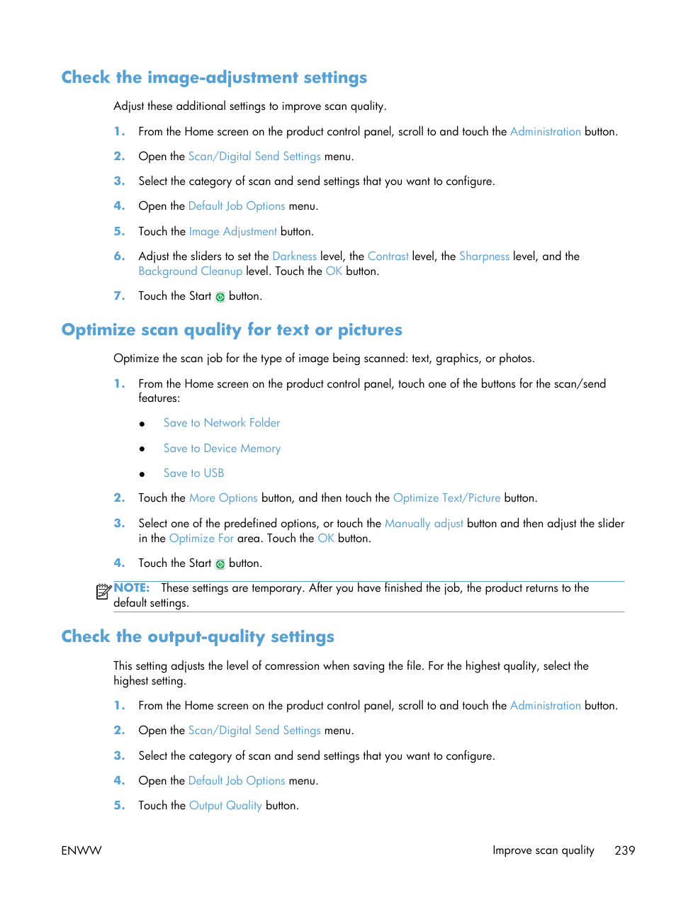 Check the image-adjustment settings, Optimize scan quality for text or pictures, Check the output-quality settings | HP LaserJet Enterprise 500 MFP M525 User Manual | Page 253 / 294