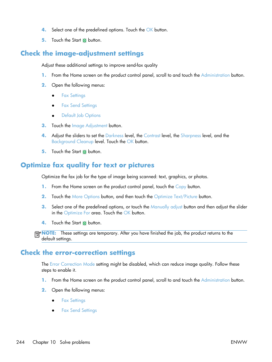 Check the image-adjustment settings, Optimize fax quality for text or pictures, Check the error-correction settings | HP LaserJet Enterprise 500 MFP M525 User Manual | Page 258 / 294