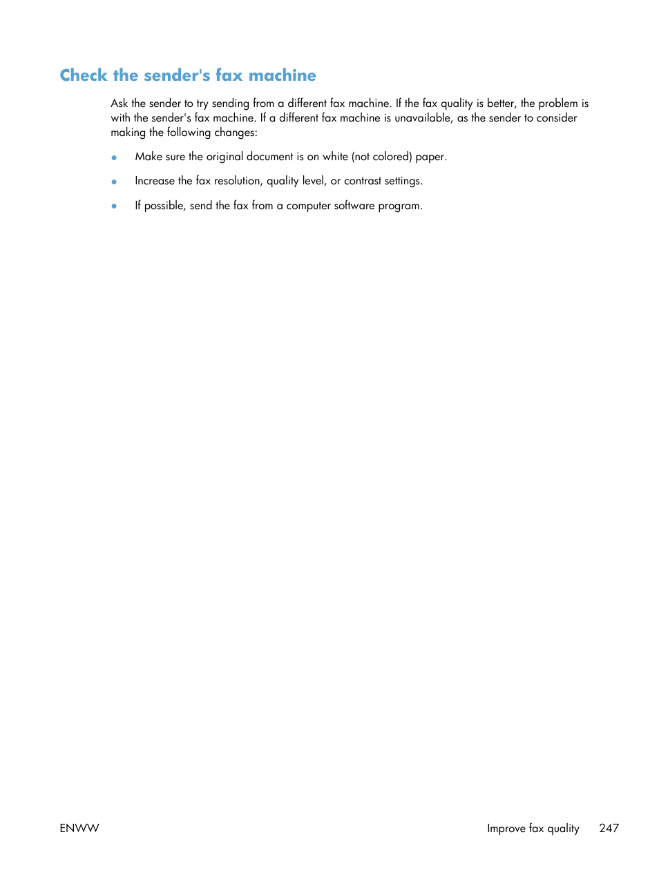 Check the sender's fax machine | HP LaserJet Enterprise 500 MFP M525 User Manual | Page 261 / 294