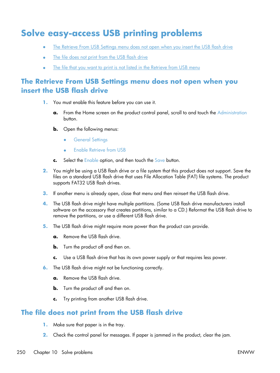 Solve easy-access usb printing problems, The file does not print from the usb flash drive | HP LaserJet Enterprise 500 MFP M525 User Manual | Page 264 / 294