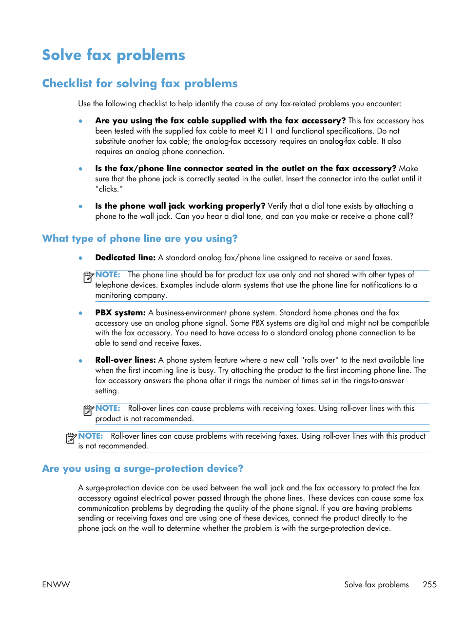Solve fax problems, Checklist for solving fax problems, What type of phone line are you using | Are you using a surge-protection device | HP LaserJet Enterprise 500 MFP M525 User Manual | Page 269 / 294