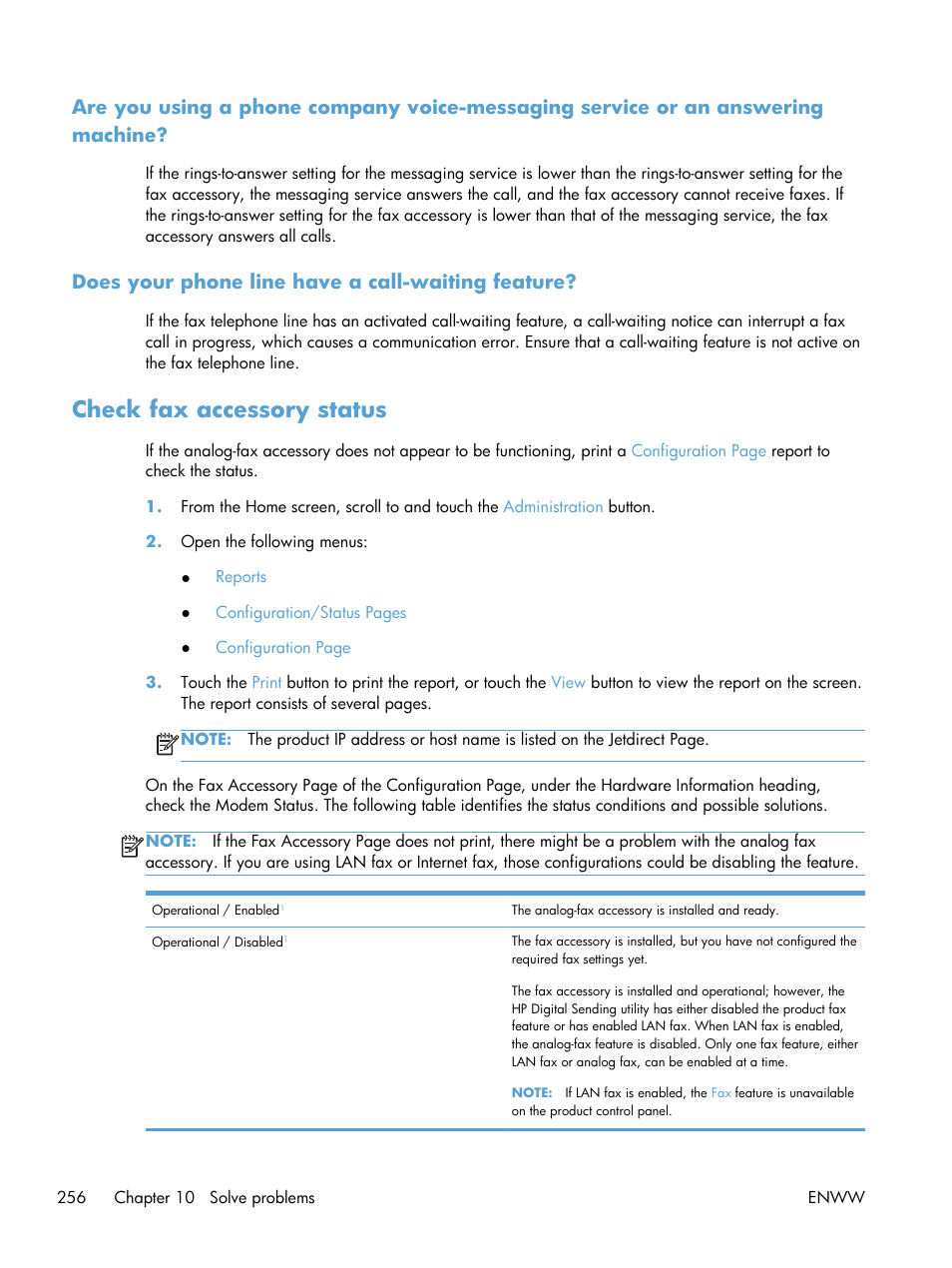 Does your phone line have a call-waiting feature, Check fax accessory status | HP LaserJet Enterprise 500 MFP M525 User Manual | Page 270 / 294