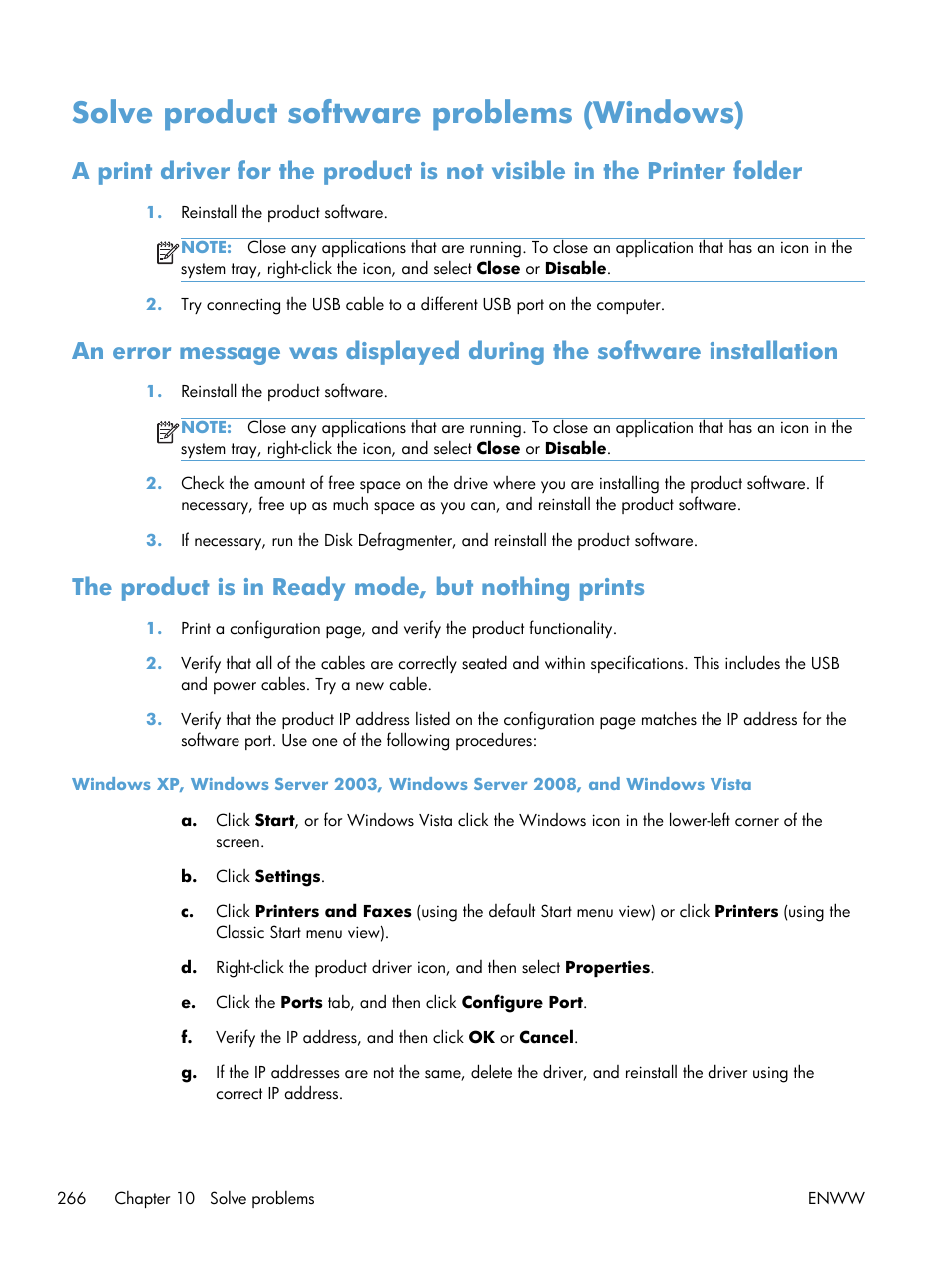 Solve product software problems (windows), The product is in ready mode, but nothing prints | HP LaserJet Enterprise 500 MFP M525 User Manual | Page 280 / 294