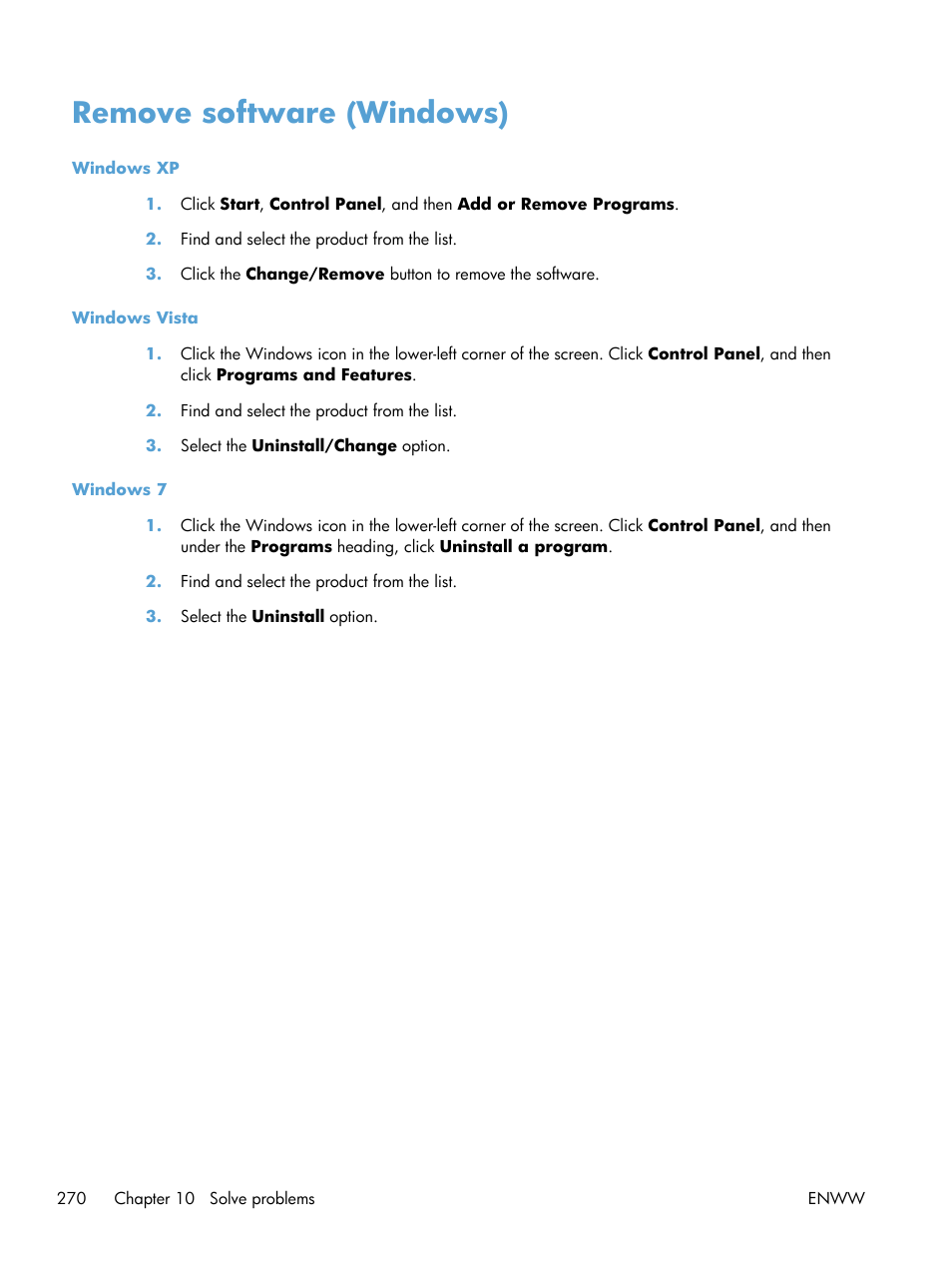Remove software (windows) | HP LaserJet Enterprise 500 MFP M525 User Manual | Page 284 / 294