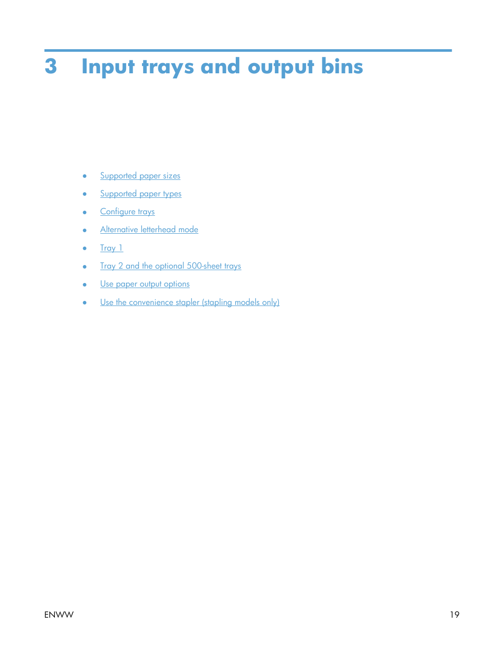Input trays and output bins, 3 input trays and output bins | HP LaserJet Enterprise 500 MFP M525 User Manual | Page 33 / 294