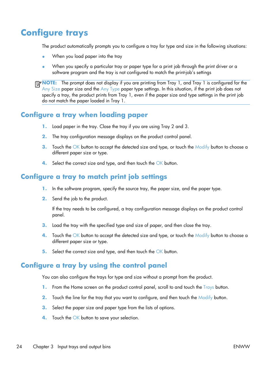 Configure trays, Configure a tray when loading paper, Configure a tray to match print job settings | Configure a tray by using the control panel | HP LaserJet Enterprise 500 MFP M525 User Manual | Page 38 / 294