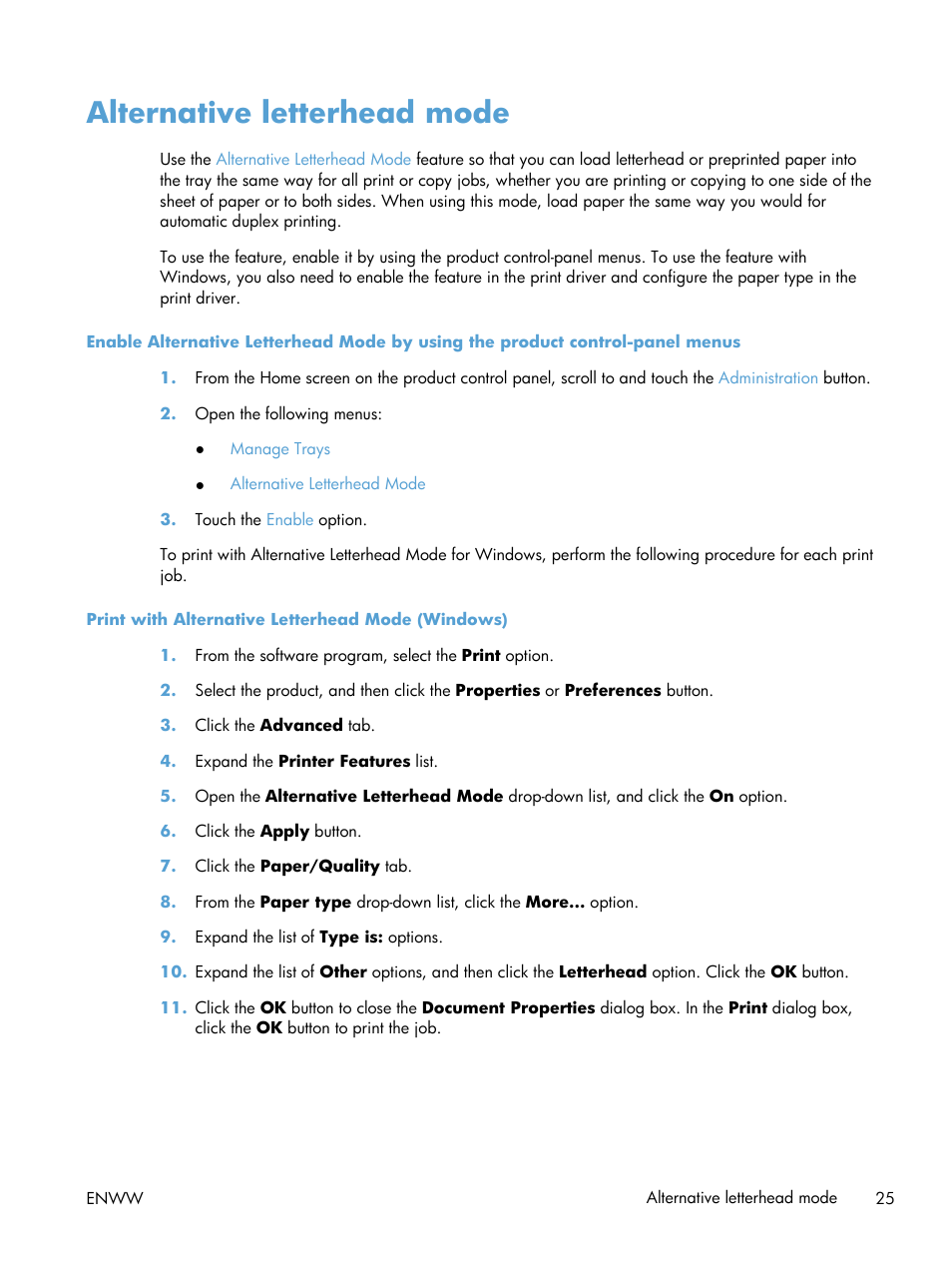 Alternative letterhead mode | HP LaserJet Enterprise 500 MFP M525 User Manual | Page 39 / 294