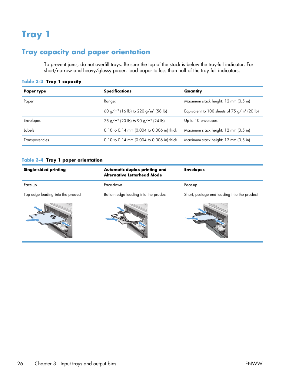 Tray 1, Tray capacity and paper orientation | HP LaserJet Enterprise 500 MFP M525 User Manual | Page 40 / 294