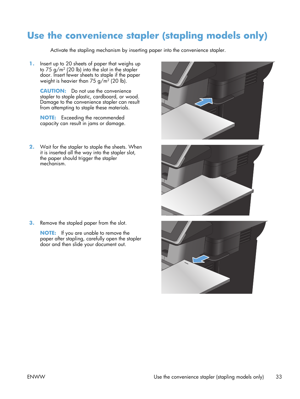 Use the convenience stapler (stapling models only) | HP LaserJet Enterprise 500 MFP M525 User Manual | Page 47 / 294