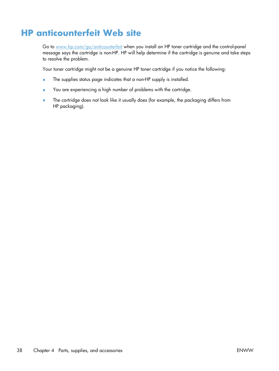 Hp anticounterfeit web site | HP LaserJet Enterprise 500 MFP M525 User Manual | Page 52 / 294