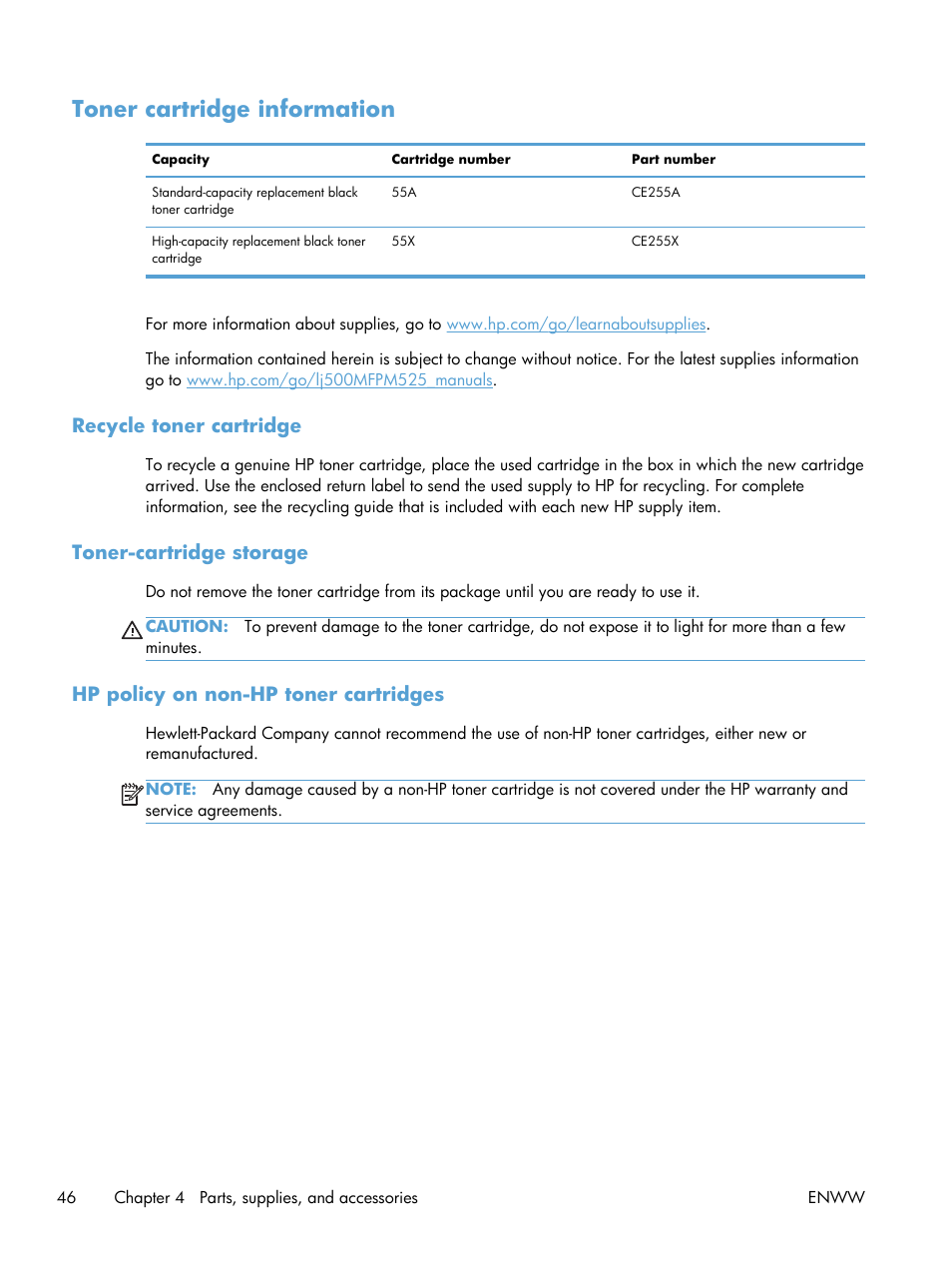 Toner cartridge information, Recycle toner cartridge, Toner-cartridge storage | Hp policy on non-hp toner cartridges | HP LaserJet Enterprise 500 MFP M525 User Manual | Page 60 / 294