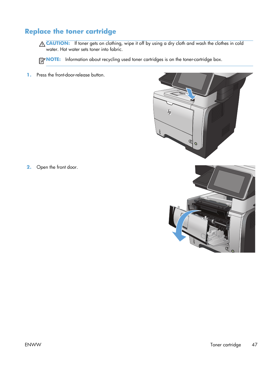 Replace the toner cartridge | HP LaserJet Enterprise 500 MFP M525 User Manual | Page 61 / 294