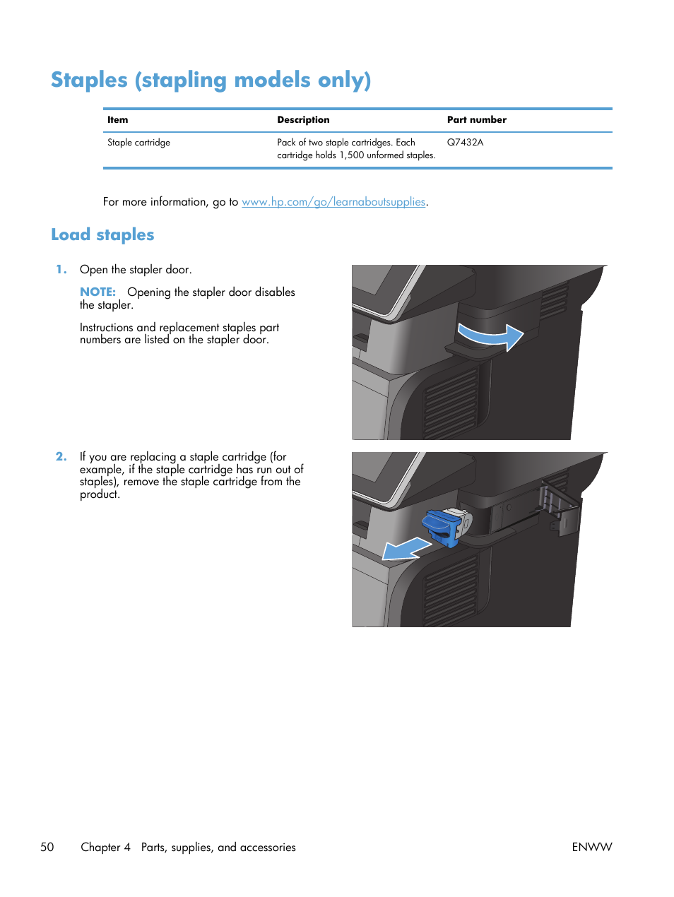 Staples (stapling models only), Load staples | HP LaserJet Enterprise 500 MFP M525 User Manual | Page 64 / 294