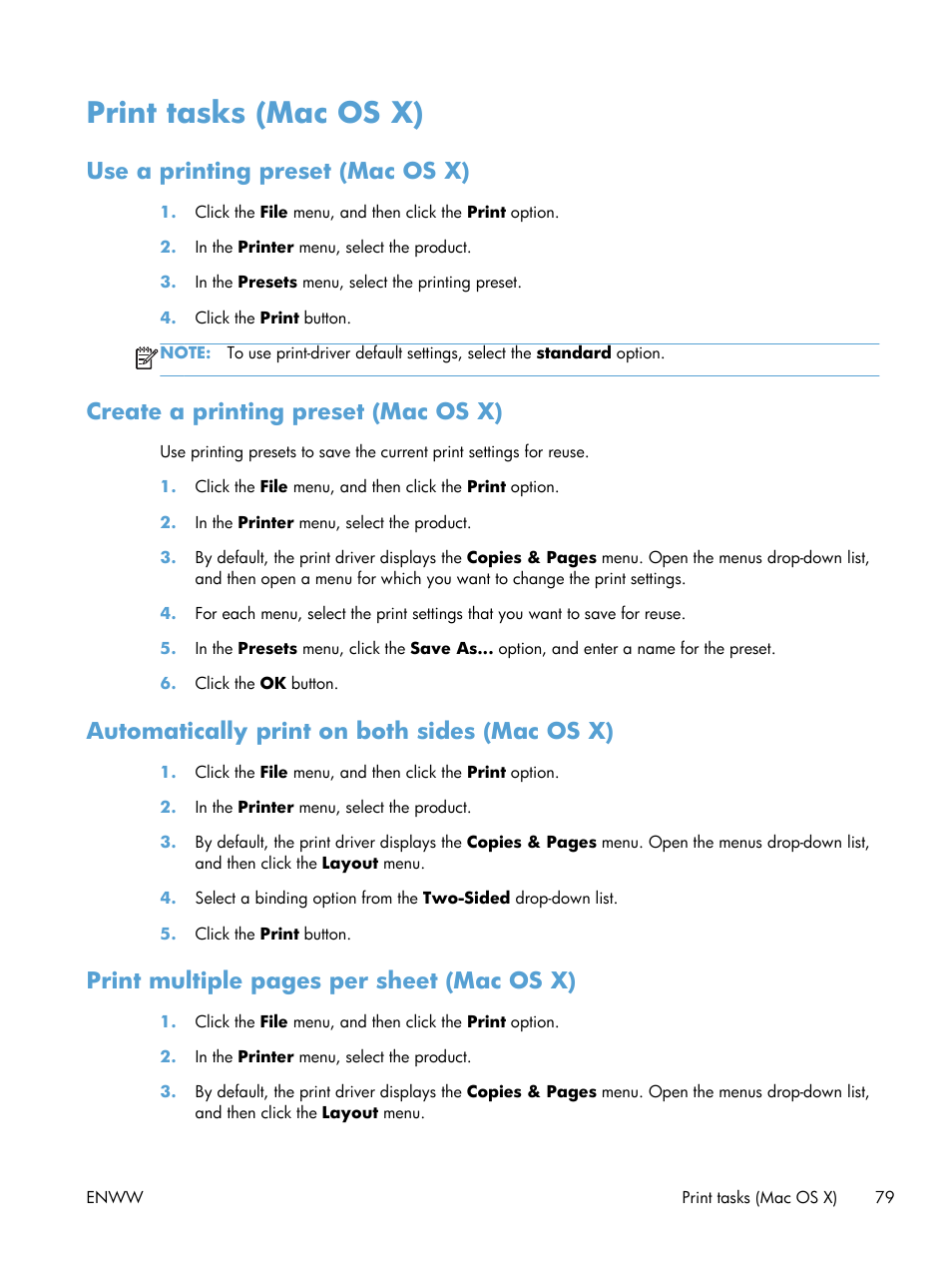 Print tasks (mac os x), Use a printing preset (mac os x), Create a printing preset (mac os x) | Automatically print on both sides (mac os x), Print multiple pages per sheet (mac os x) | HP LaserJet Enterprise 500 MFP M525 User Manual | Page 93 / 294