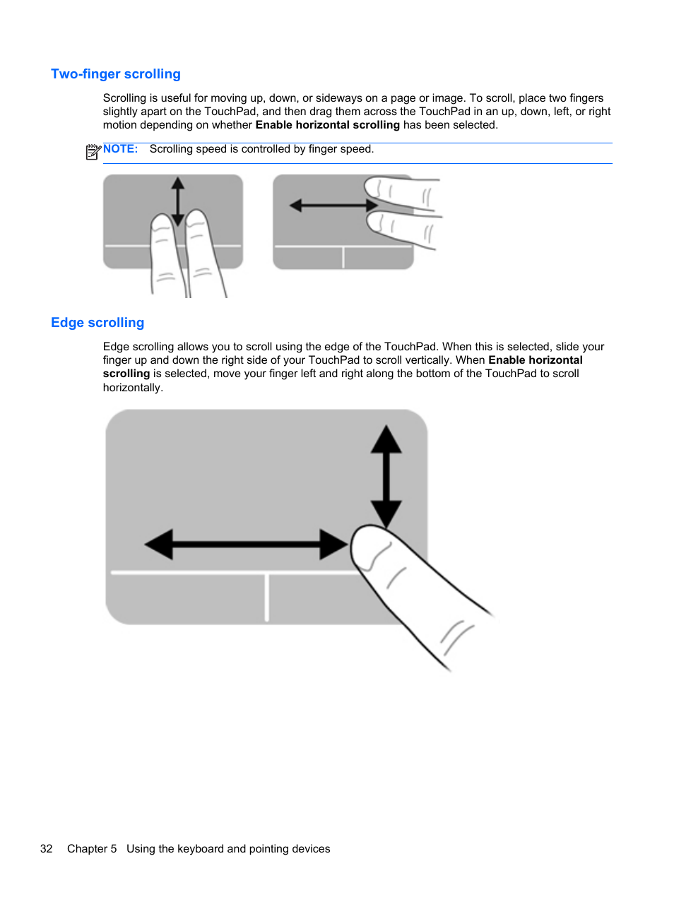 Two-finger scrolling, Edge scrolling, Two-finger scrolling edge scrolling | HP Pavilion Sleekbook 14-b015dx User Manual | Page 42 / 85