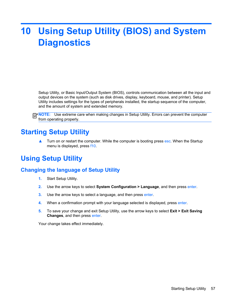 Using setup utility (bios) and system diagnostics, Starting setup utility, Using setup utility | Changing the language of setup utility, Starting setup utility using setup utility | HP Pavilion Sleekbook 14-b015dx User Manual | Page 67 / 85