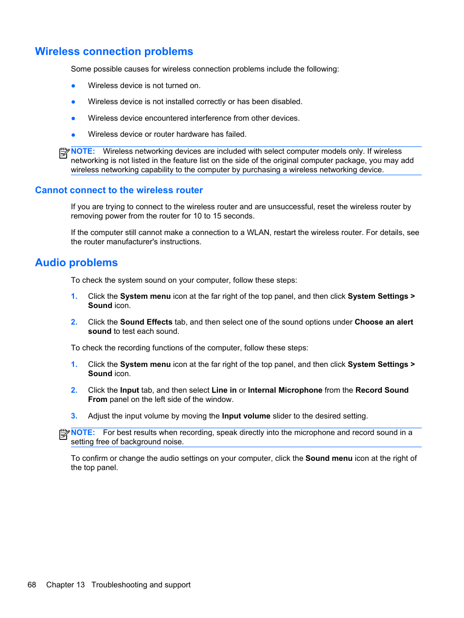 Wireless connection problems, Cannot connect to the wireless router, Audio problems | HP Pavilion Sleekbook 14-b015dx User Manual | Page 78 / 85