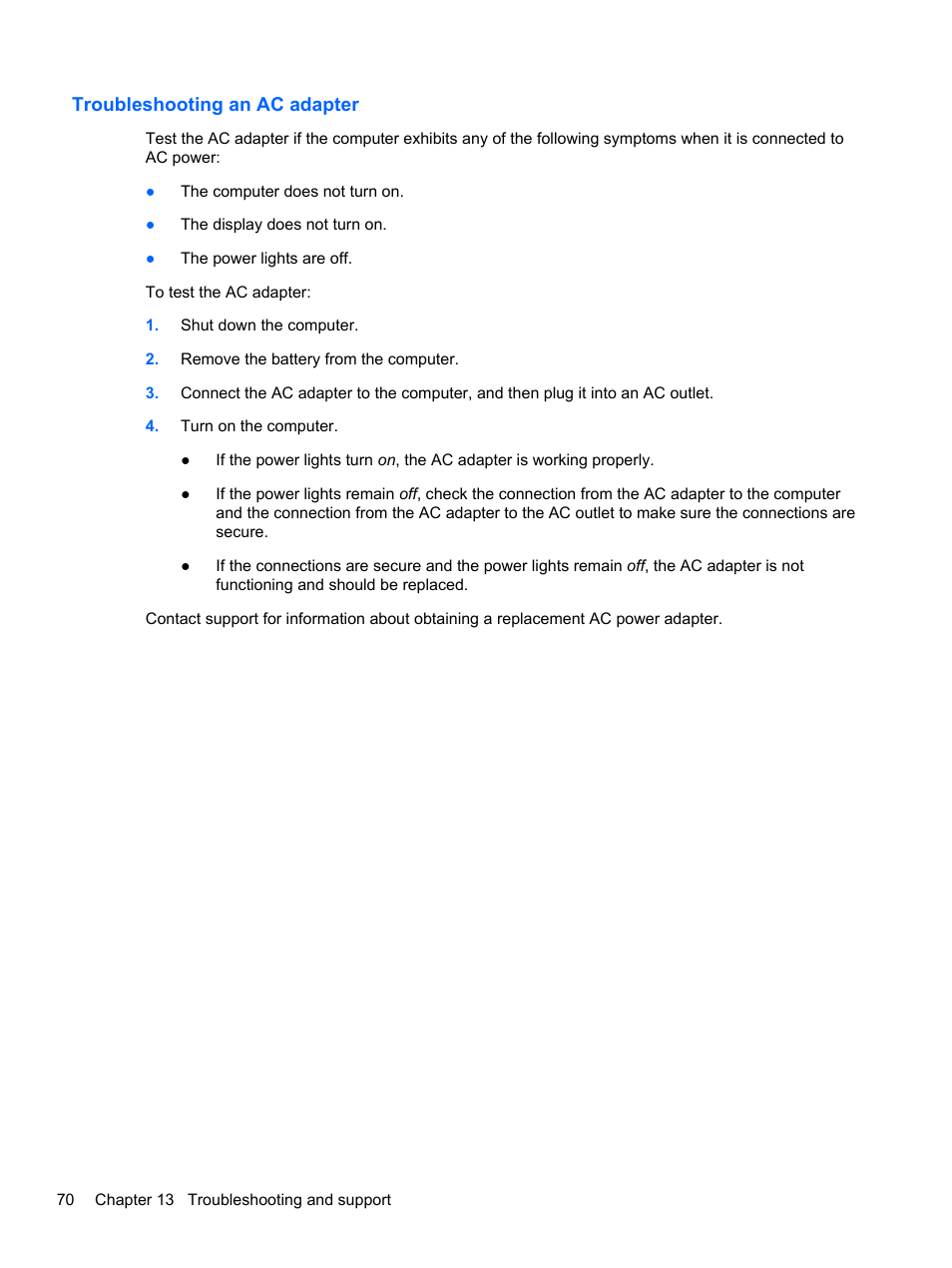 Troubleshooting an ac adapter | HP Pavilion Sleekbook 14-b015dx User Manual | Page 80 / 85