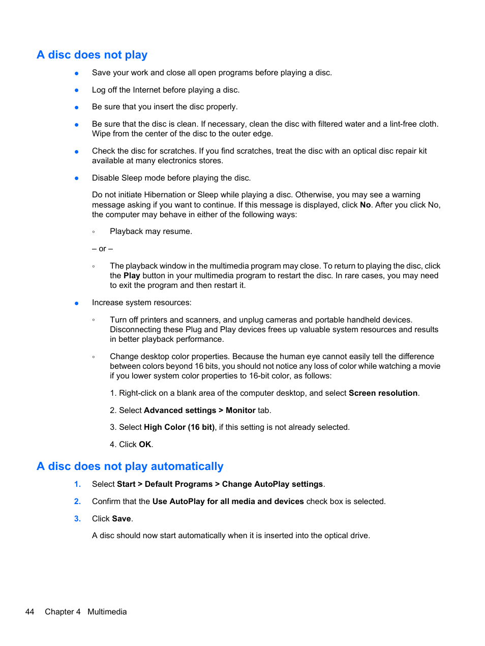 A disc does not play, A disc does not play automatically | HP Pavilion dv3-4001tx Entertainment Notebook PC User Manual | Page 54 / 124