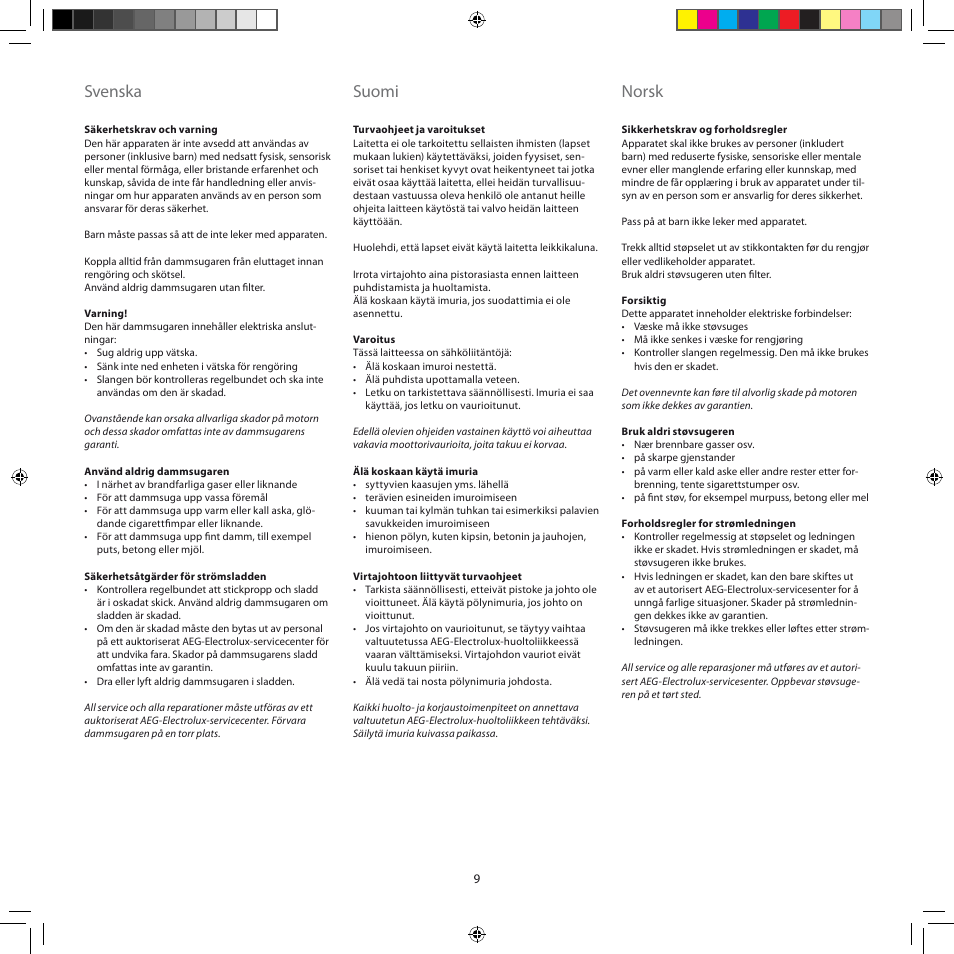 Svenska, Suomi, Norsk | AEG ASC6945 User Manual | Page 9 / 48