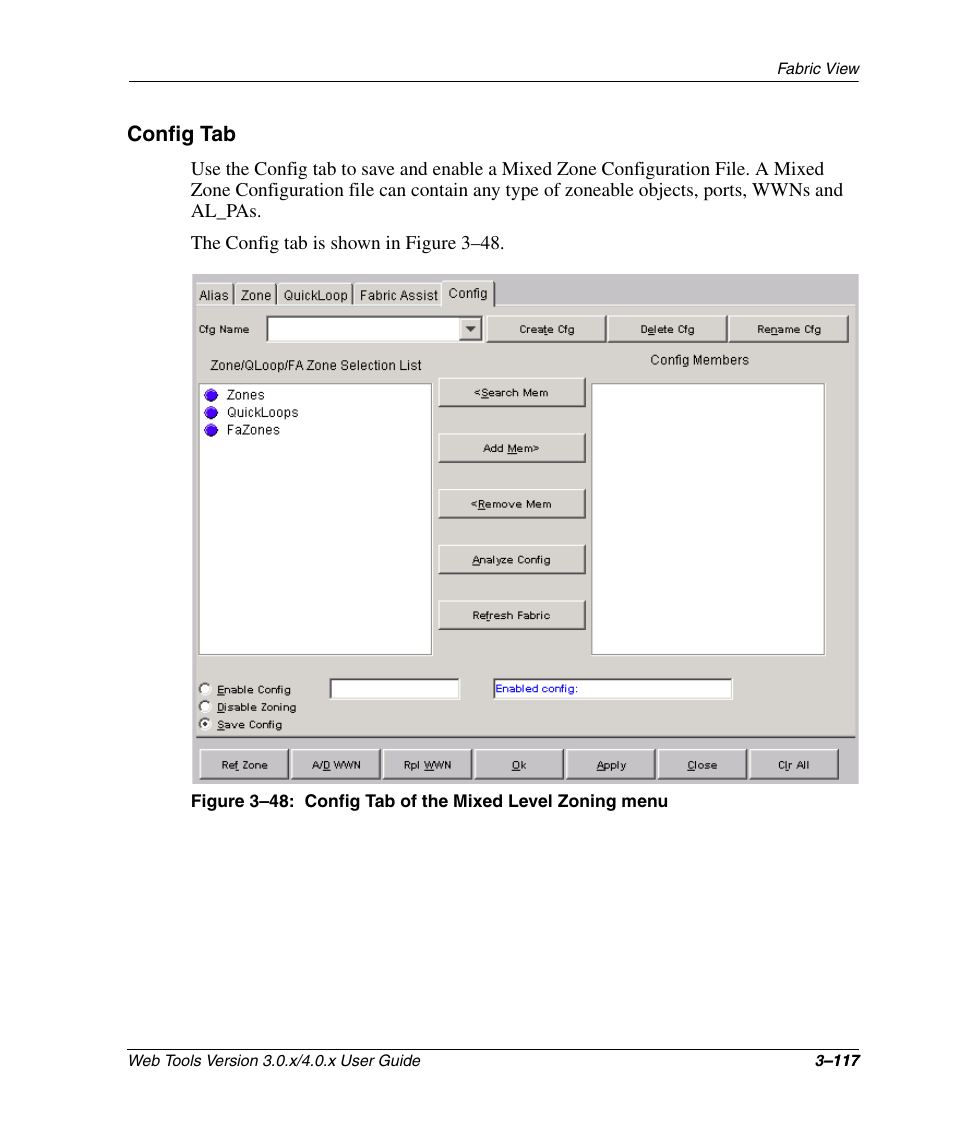 Config tab, Config tab –117, Config tab of the mixed level zoning menu –117 | HP StorageWorks 2.32 SAN Switch User Manual | Page 153 / 348