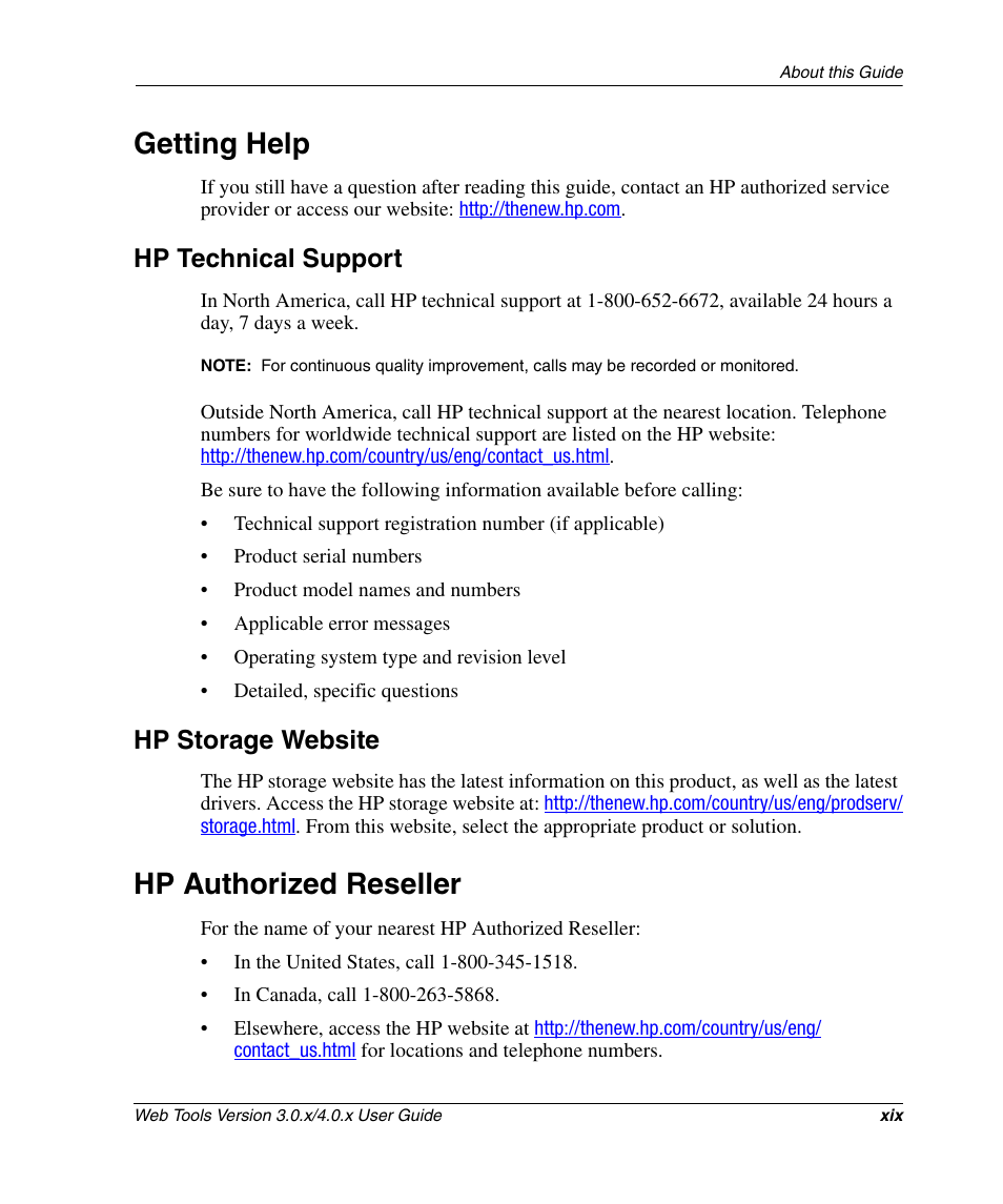 Getting help, Hp technical support, Hp storage website | Hp authorized reseller | HP StorageWorks 2.32 SAN Switch User Manual | Page 19 / 348