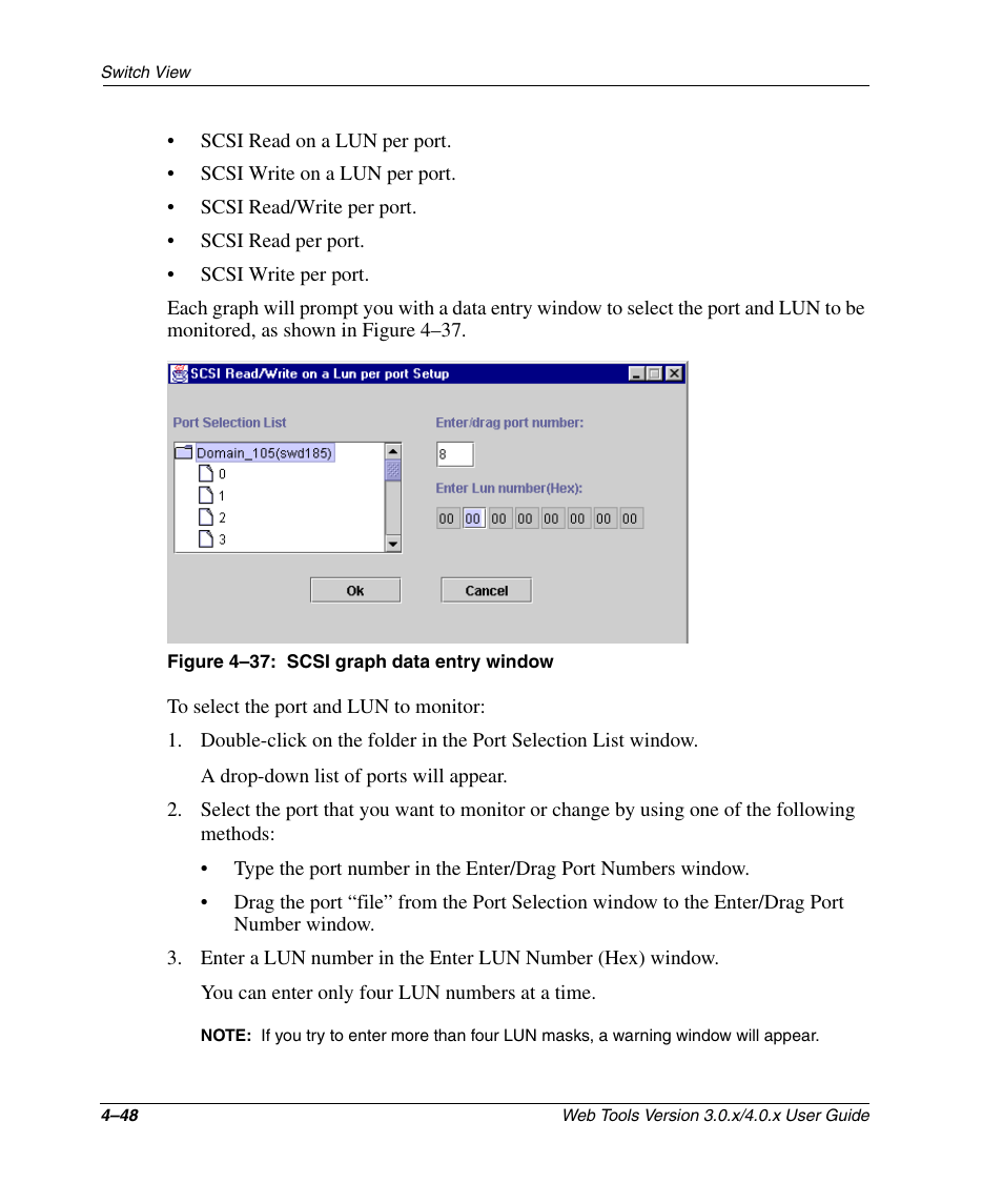 Figure 4-37: scsi graph data entry window, Scsi graph data entry window –48 | HP StorageWorks 2.32 SAN Switch User Manual | Page 204 / 348
