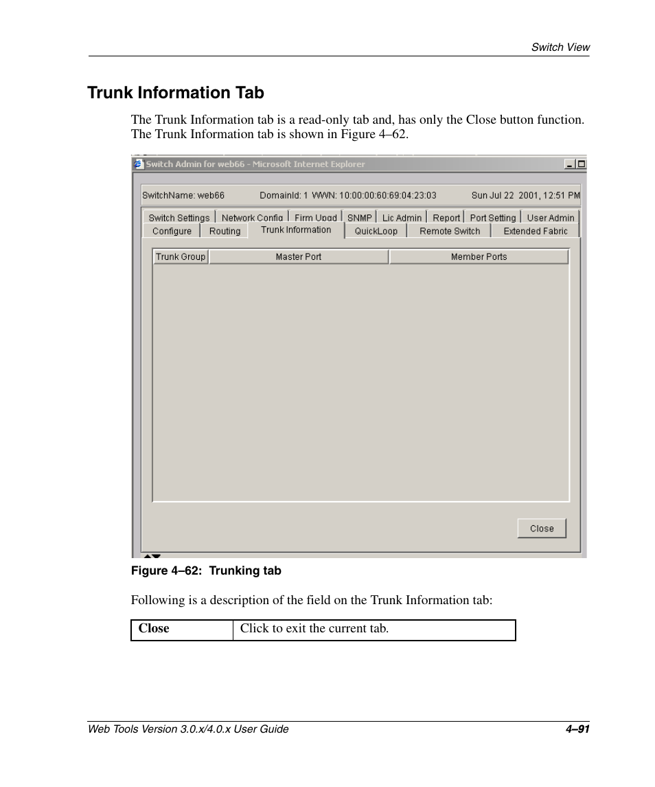 Trunk information tab, Figure 4-62: trunking tab, Trunk information tab –91 | Trunking tab –91 | HP StorageWorks 2.32 SAN Switch User Manual | Page 247 / 348