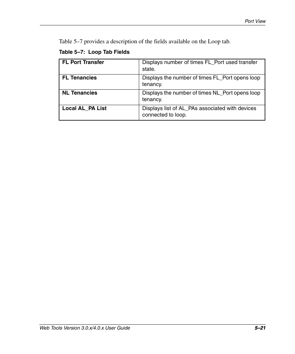 Table 5-7: loop tab fields, Loop tab fields –21 | HP StorageWorks 2.32 SAN Switch User Manual | Page 309 / 348