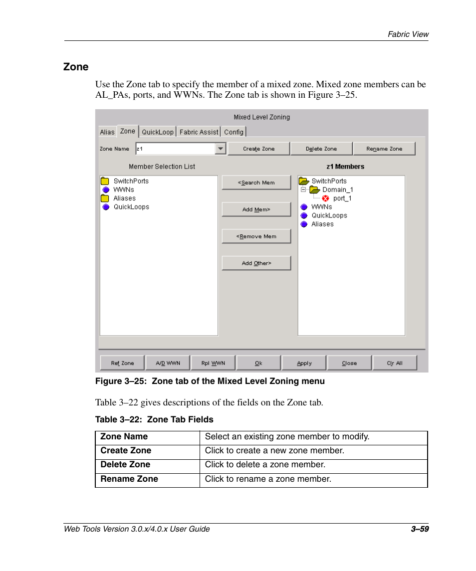 Zone, Table 3-22: zone tab fields, Zone –59 | Zone tab of the mixed level zoning menu –59, Zone tab fields –59 | HP StorageWorks 2.32 SAN Switch User Manual | Page 95 / 348