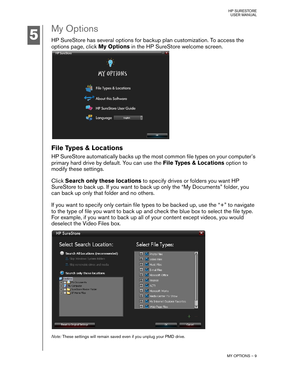 My options, File types & locations | HP HD4000 Personal Media Drive User Manual | Page 12 / 14