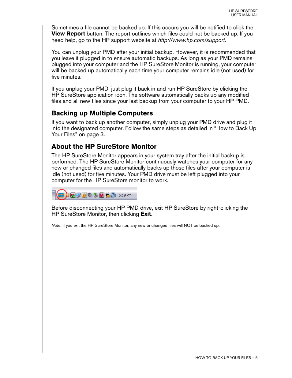 Backing up multiple computers, About the hp surestore monitor | HP HD4000 Personal Media Drive User Manual | Page 8 / 14