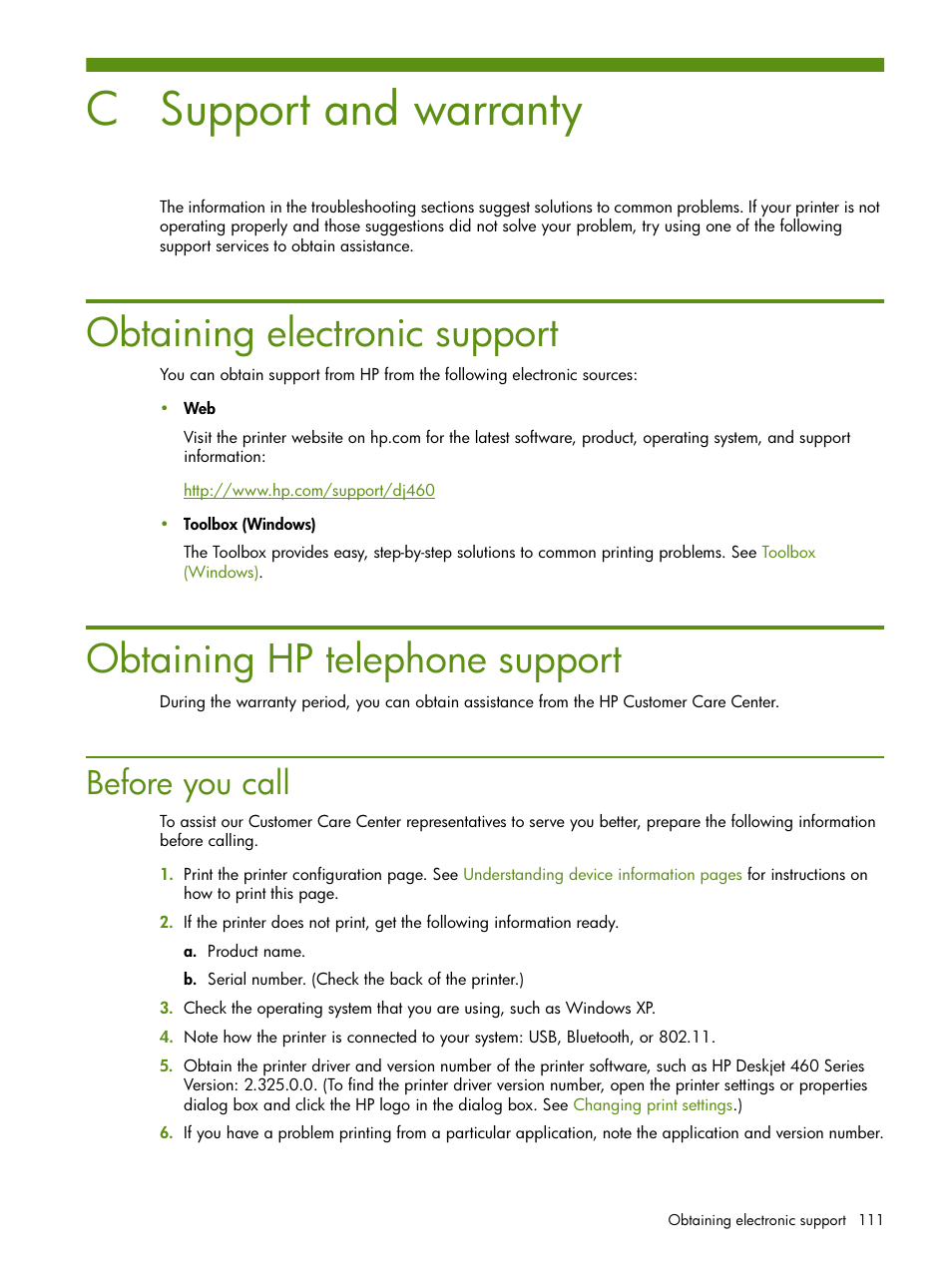 Support and warranty, Obtaining electronic support, Obtaining hp telephone support | Before you call, C support and warranty | HP Deskjet 460cb Mobile Printer User Manual | Page 111 / 132