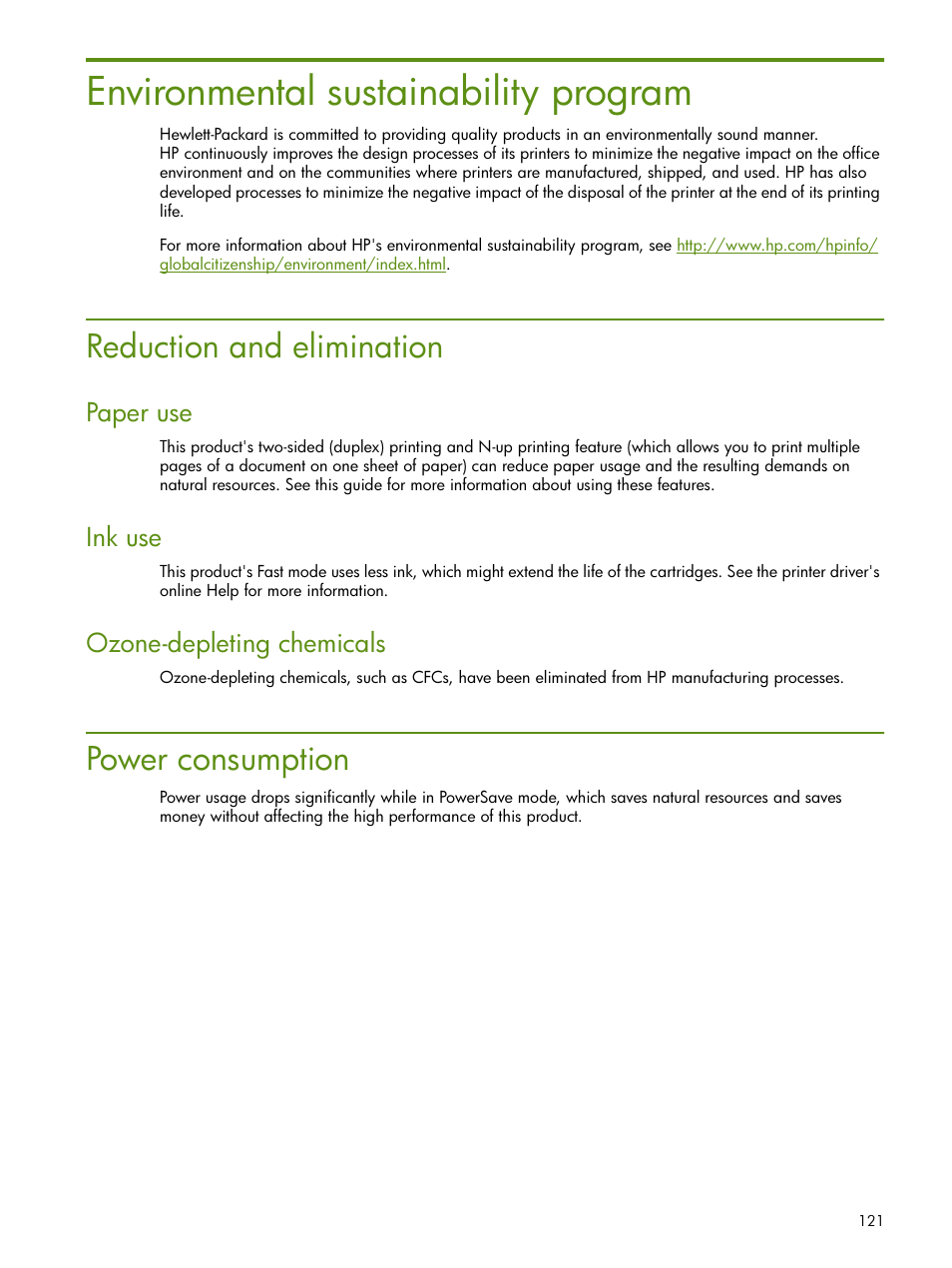 Environmental sustainability program, Reduction and elimination, Power consumption | Reduction and elimination power consumption, Paper use, Ink use, Ozone-depleting chemicals | HP Deskjet 460cb Mobile Printer User Manual | Page 121 / 132