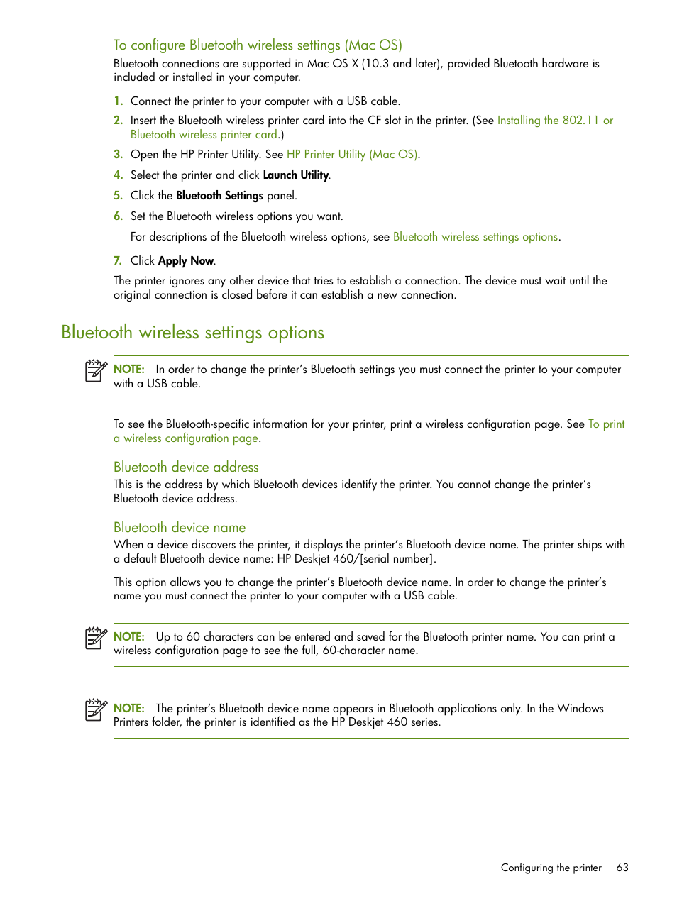Bluetooth wireless settings options, Bluetooth device address, Bluetooth device name | HP Deskjet 460cb Mobile Printer User Manual | Page 63 / 132