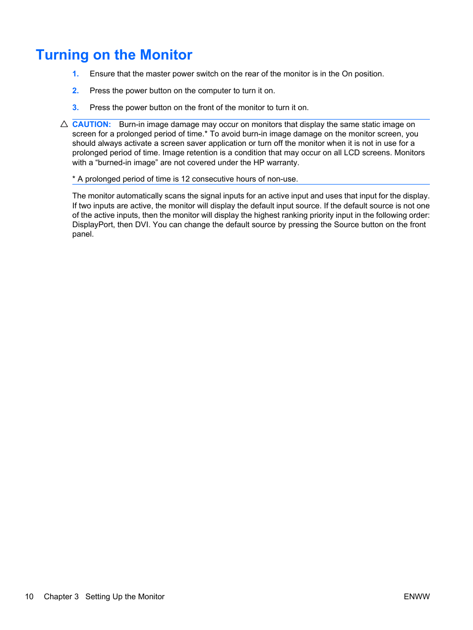 Turning on the monitor | HP ZR30w 30-inch S-IPS LCD Monitor User Manual | Page 16 / 34
