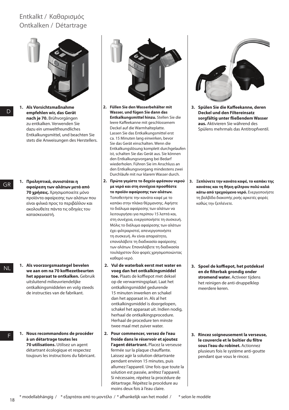 Entkalkt, Καθαρισμός, Ontkalken | Détartrage | AEG KAM300 User Manual | Page 18 / 36