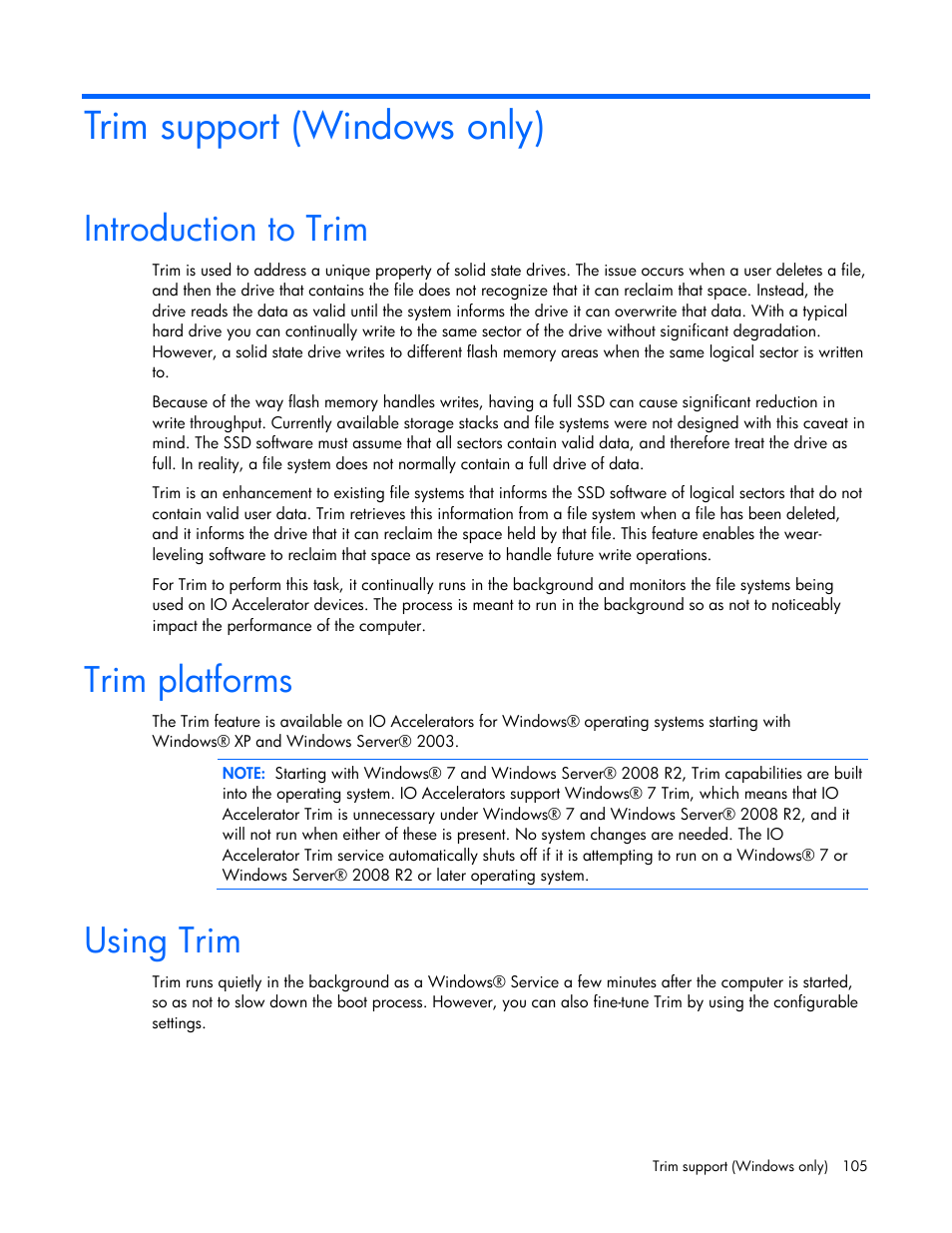 Trim support (windows only), Introduction to trim, Trim platforms | Using trim | HP PCIe IO Accelerators for ProLiant Servers User Manual | Page 105 / 130