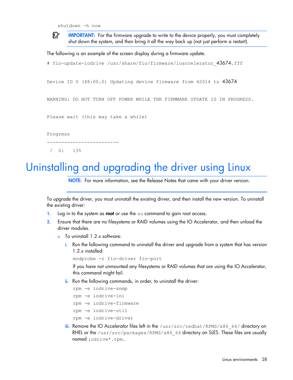 Uninstalling and upgrading the driver using linux | HP PCIe IO Accelerators for ProLiant Servers User Manual | Page 28 / 130