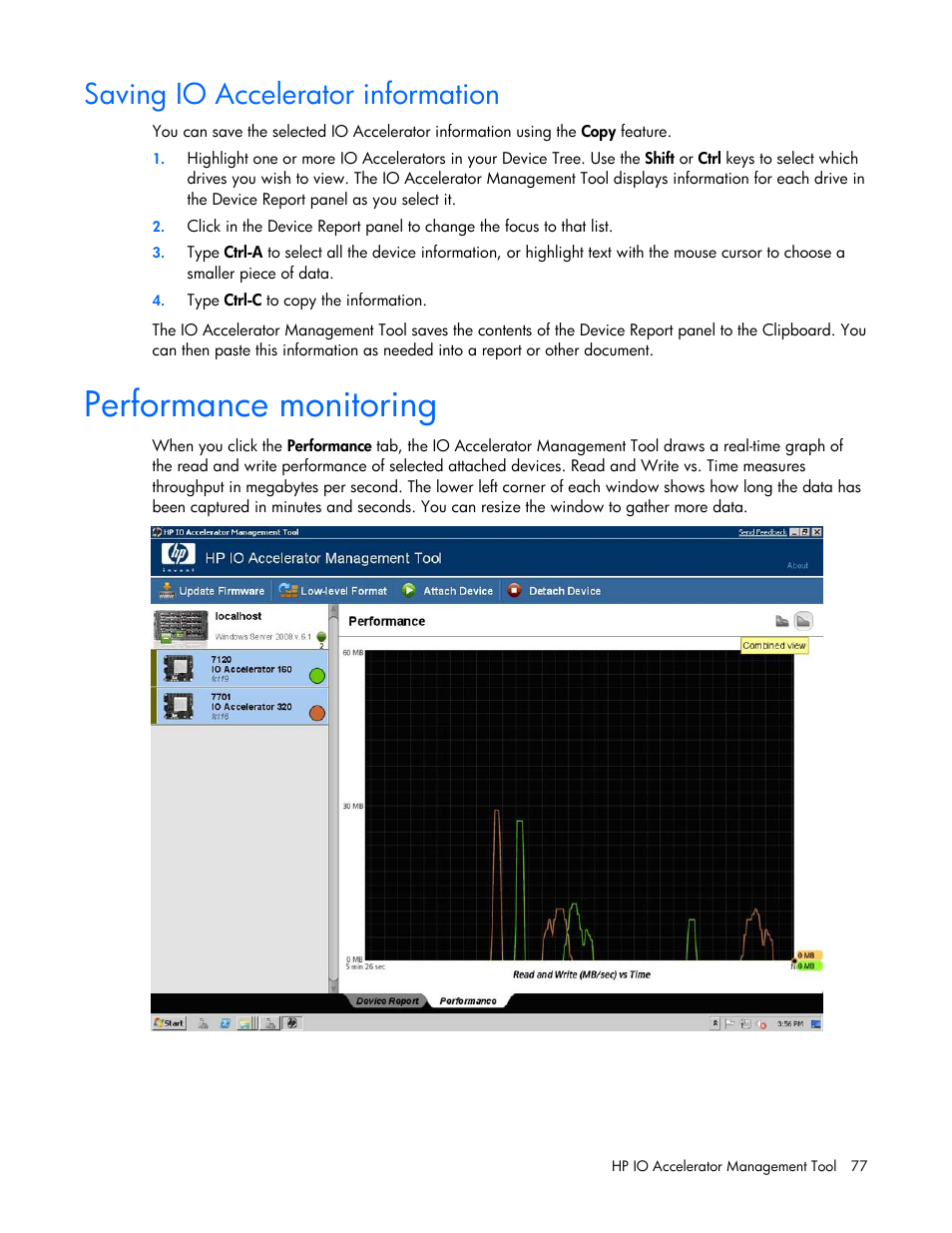 Saving io accelerator information, Performance monitoring | HP PCIe IO Accelerators for ProLiant Servers User Manual | Page 77 / 130