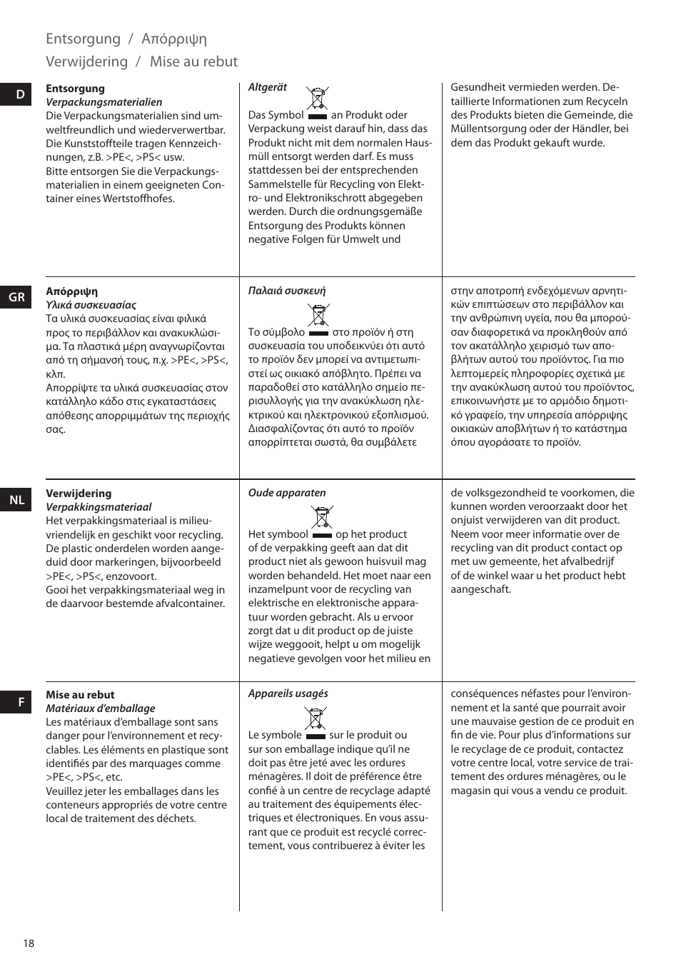 Entsorgung, Απόρριψη, Verwijdering | Mise au rebut | AEG SB3400 User Manual | Page 18 / 28
