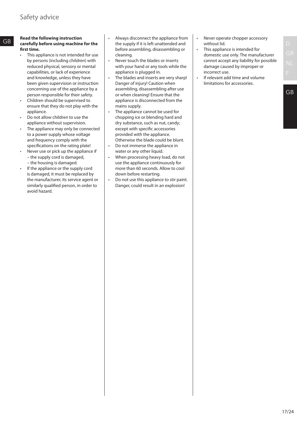 Safety advice, D gr nl f gb gb | AEG STM6400 User Manual | Page 17 / 24
