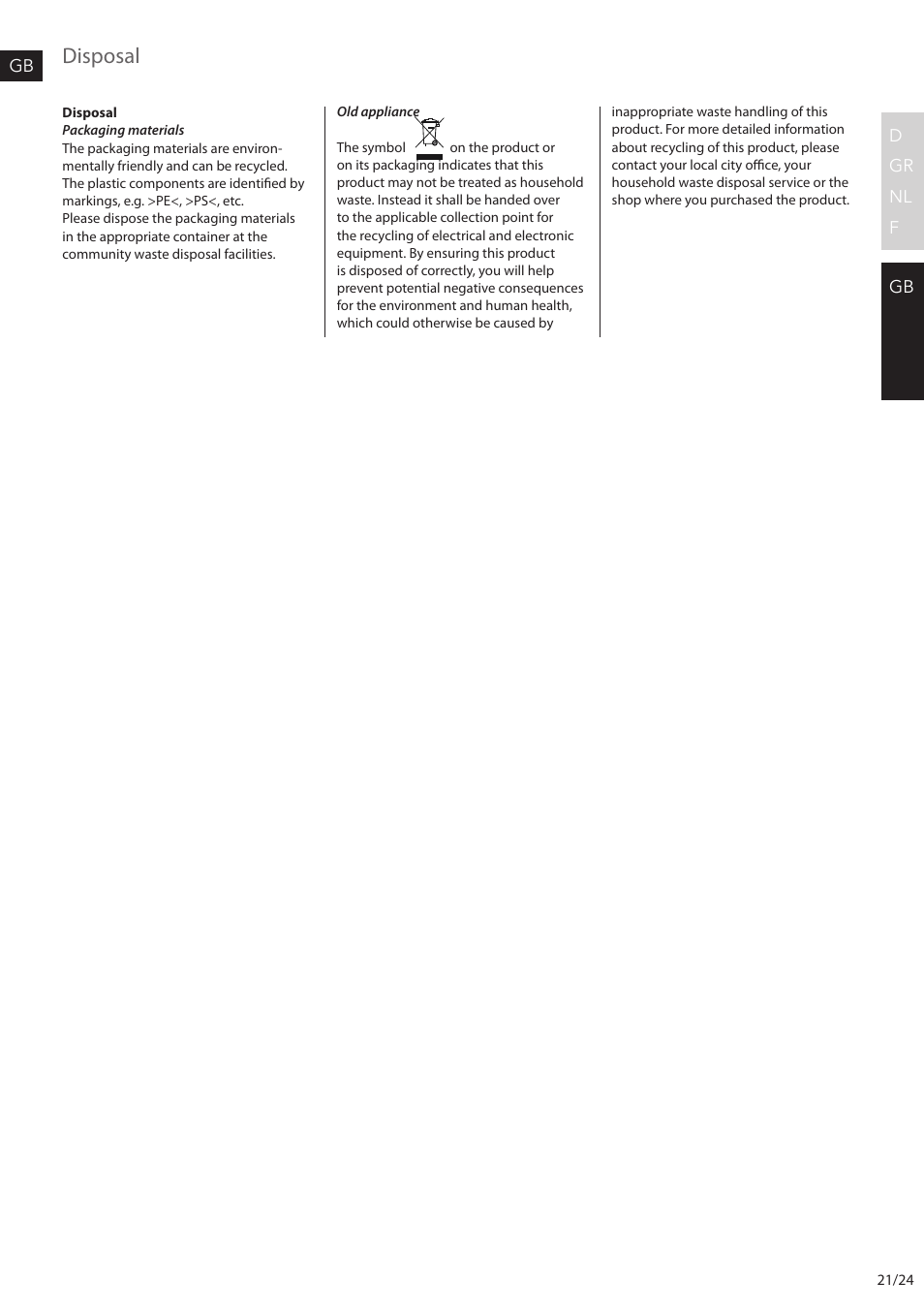 Disposal, D gr nl f gb gb | AEG STM6400 User Manual | Page 21 / 24