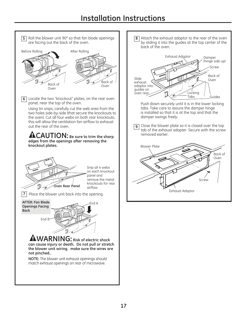 Installation instructions, Caution, Warning | GE JVM7195EFES User Manual | Page 17 / 48