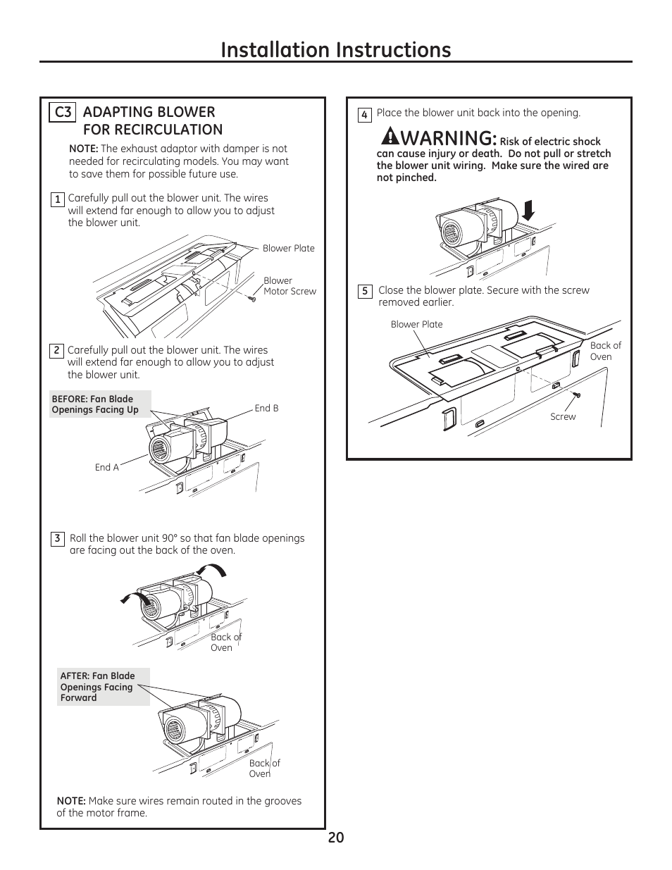 Installation instructions, Warning, Adapting blower for recirculation c3 20 | GE JVM7195EFES User Manual | Page 20 / 48
