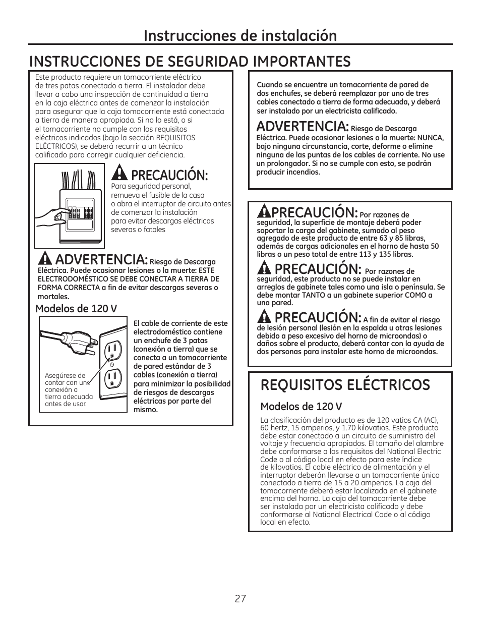Instrucciones de instalación, Precaución, Advertencia | Modelos de 120 v | GE JVM7195EFES User Manual | Page 27 / 48